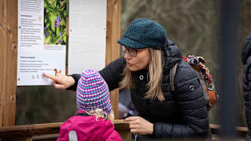 Nainen ja lapsi katselevat luonto-opastaulua. Nainen osoittaa sormellaan taulun kuvaa.  Jatka uudessa keskustelussa.