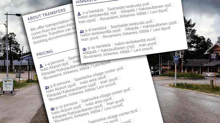 Kuvakaappauksia matkailuyrityksen nettisivuilta, joissa englanninkielisessä hinnastossa on eri hinnat kuin suomenkielisessä.