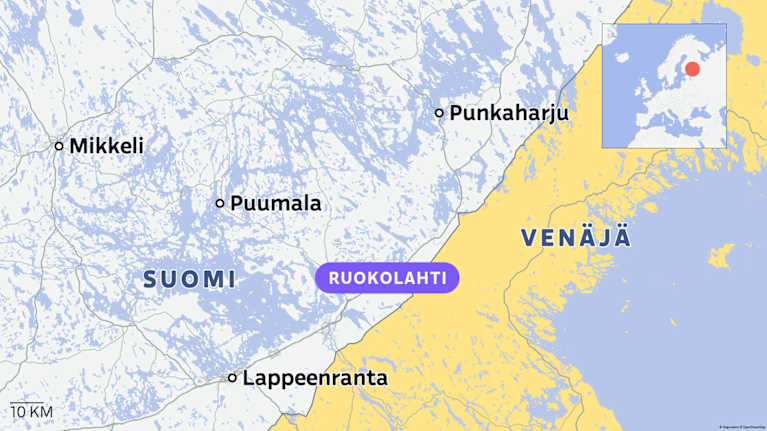Kartta, jossa näkyy Suomen ja Venäjän raja. Ruokolahti on merkattu violetilla pillerillä.