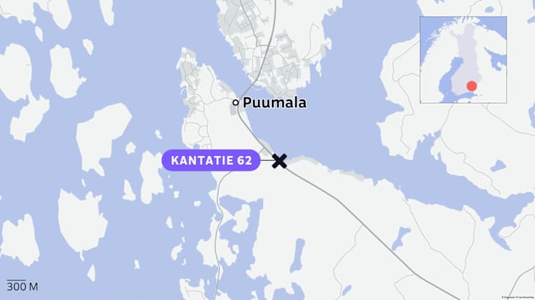 Kartta, jossa merkattu Puumala ja violetilla Kantatie 62.