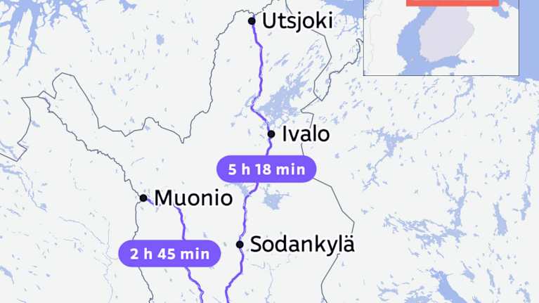 Karttagrafiikka etäisyyksistä eri puolilta Lappia Rovaniemelle Lapin keskussairaalaan.