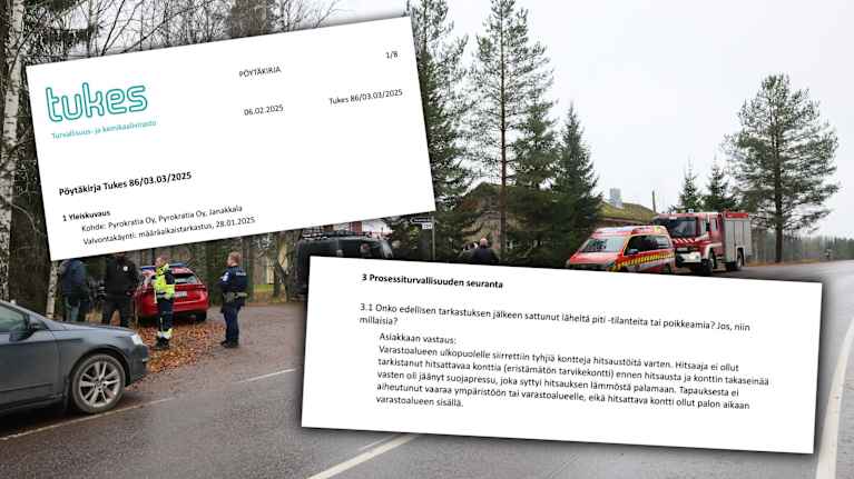 Paloautoja ja poliiseja tien varressa Janakkalassa. Päällä kuvakaappauksia Tukesin raportista.