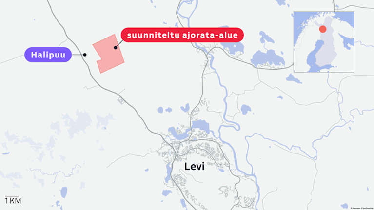 Kartta Kittilästä, jossa näkyy Levin alue, Halipuu ja suunniteltu ajorata-alue.