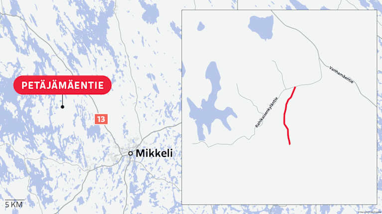 Kartta näyttää petäjäniementien sijainnin Mikkelissä