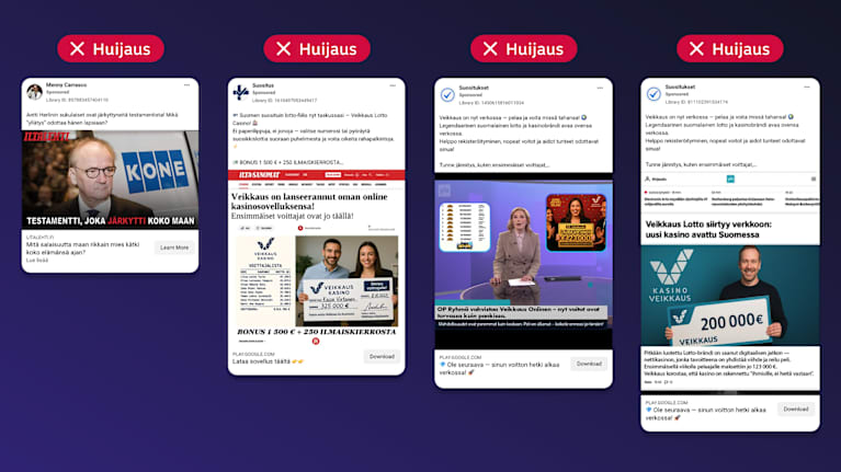 Neljä kuvakaappausta Facebookissa esiintyvistä huijausmainoksista. 