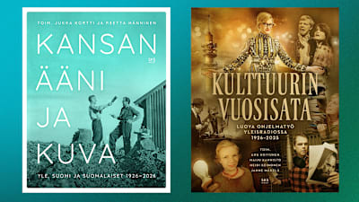 Kuvassa on esillä kaksi Yle 100 -tutkimuskirjaa: "Kansan ääni ja kuva" sekä "Kulttuurin vuosisata".