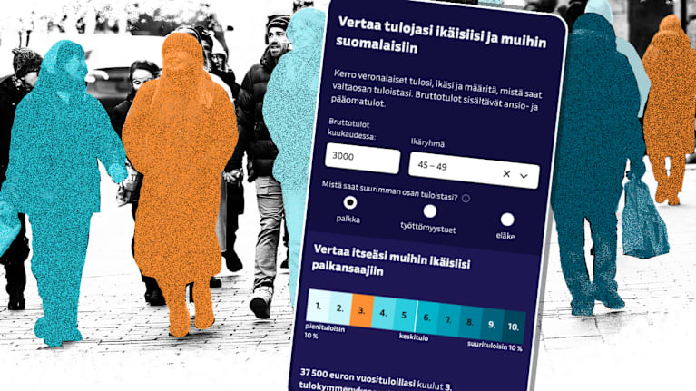 Ylen ansiokone puhelimen näytöllä ja taustalla käsiteltyä kuvaa kadulla kävelevistä ihmisistä.