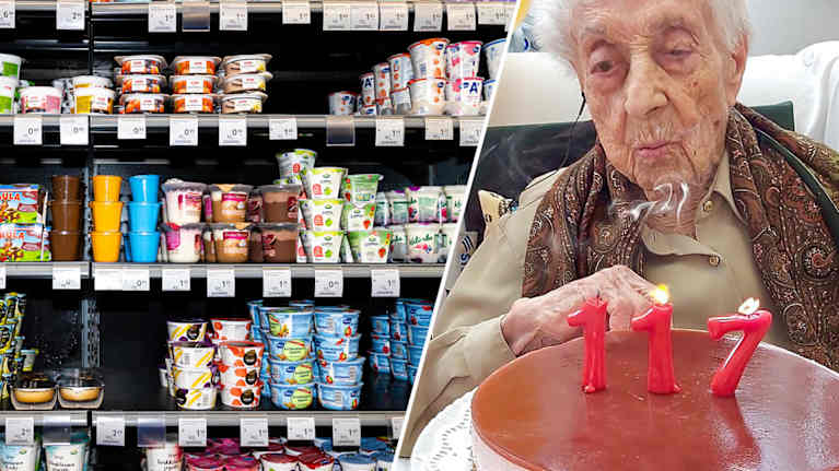 Kuvakollaasi jossa jogurttihyllykkö Suomessa ja toisessa kuvassa 117-vuotias espanjalainen nainen puhaltaa kakkukynttilää.