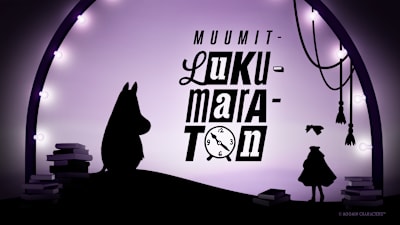 Kuvassa Muumit-lukumaratonin visuaalinen ilme. Violetti tausta, kirjoja ja Muumipeikko sekä Ninni.