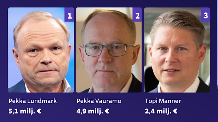 Valtionyhtiöiden kolme suurituloisinta johtajaa viime vuodelta: Pekka Lundmark, Pekka Vauramo ja Topi Manner.