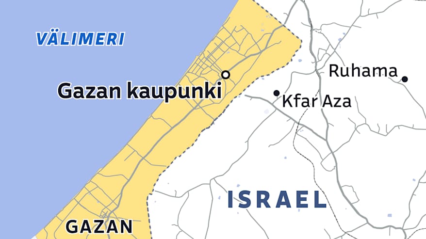 Kartta Gazan kaistasta sekä Ruhaman ja Kfar Azan sijainnista Israelin puolella.