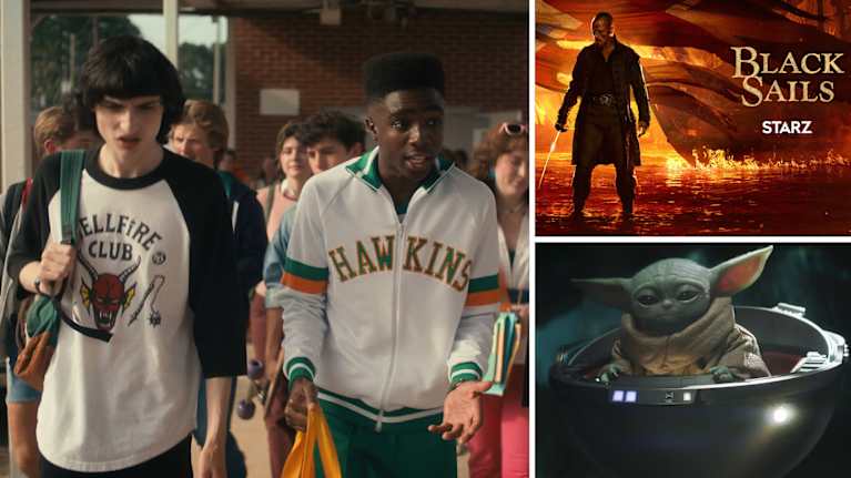Kollaasissa kuvat Stranger things, Black sails ja Mandalorian sarkoista.