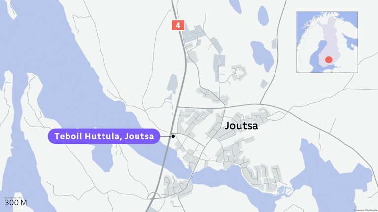 Kartta näyttää Huttulan Teboilin sijainnin Joutsassa.