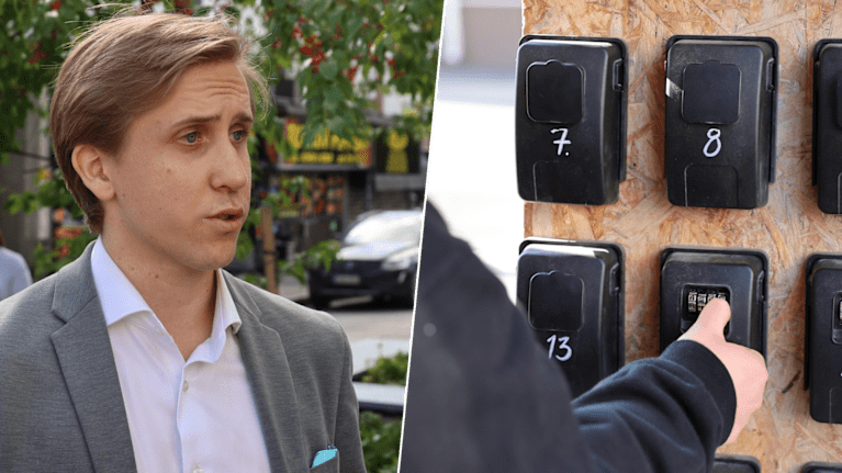 Kuvassa vasemmalla näkyy mies pukeutuneena harmaaseen pukuun ja vaaleaan kauluspaitaan. Oikealla on kuva avainbokseista.