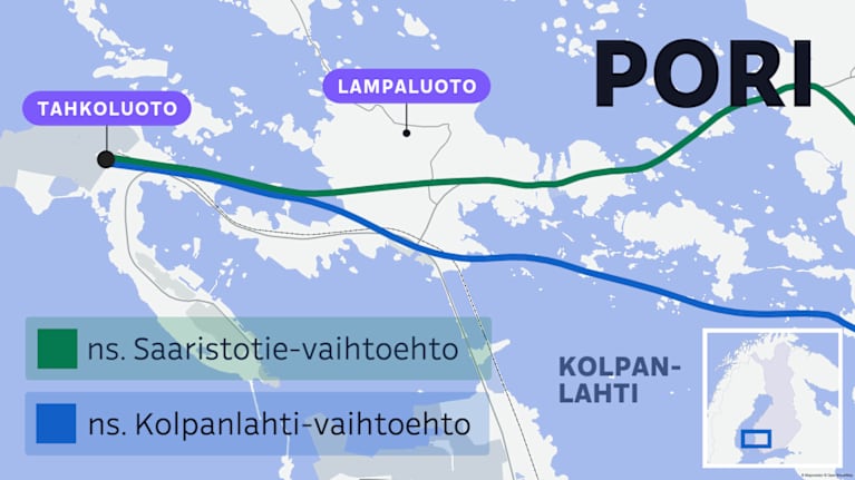 Kartta kahdesta sähkölinja-vaihtoehdosta Meri-Porissa, ns. Saaristotie-vaihtoehto ja ns. Kolpanlahti-vaihtoehto.