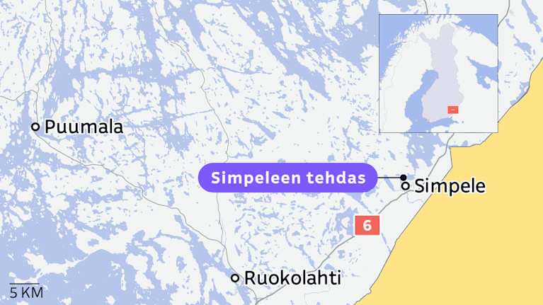 Kartta, johon on merkitty Simpeleen tehdas.