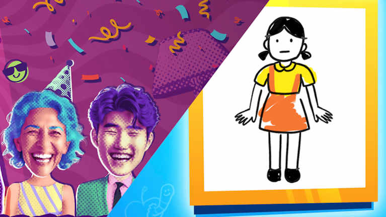 Yhdistelmäkuva seurapeleistä. Vasemmalla kaksi hymyilevää pelihahmoa ja oikealla piirroshahmo.