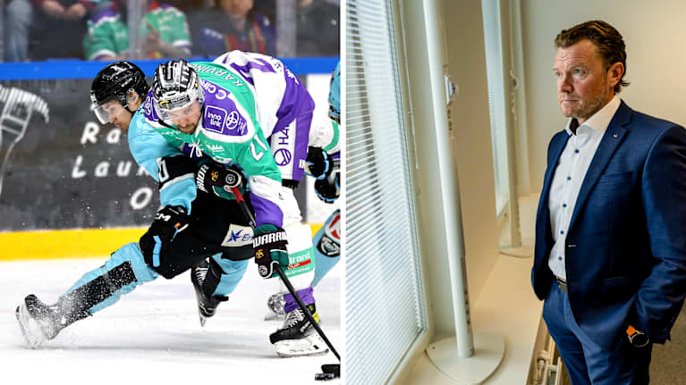 Kuvayhdistelmässä Jokerien ja Pelicansien välinen karsintakamppailu ja Jääkiekon SM-liigan toimitusjohtaja Mikko Pulkkinen työhuoneessaan Helsingissä.