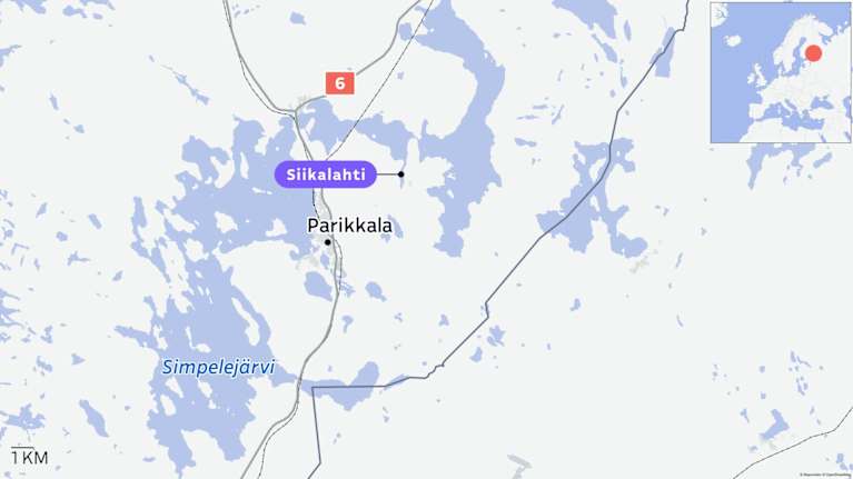 Kartta Simpelejärvestä. Karttaan merkitty Parikkala ja Siikalahti.