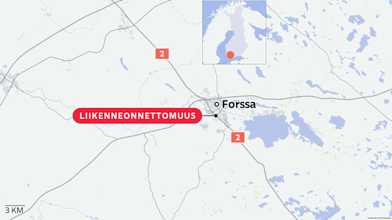 Kartta, johon merkitty Forssan liikenneonnettomuuden sijainti.