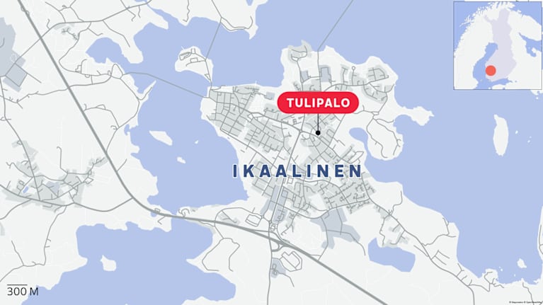 Kartta Ikaalisen keskustan tulipalon sijainnista.