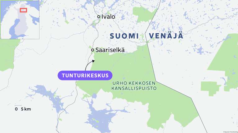 Kartta näyttää Ivalon, Saariselän ja Kiilopään tunturikeskuksen sijainnit.