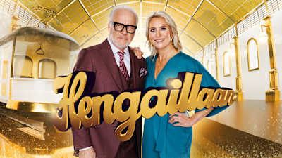 Matti Rönkä ja Mervi Kallio poseeraavat juhlavissa asuissa hohtavan taustan edessä. Edessä on kultainen teksti "Hengaillaan".