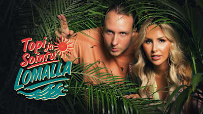 Topi ja Sointu Borg kurkistavat palmunoksien takaa viidakosta.