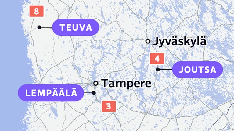 Kartta Teuvan, Joutsan ja Lempäälän Teboileista.