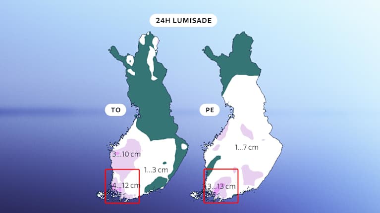 Lähipäivien lumimääräennuste kartoilla.