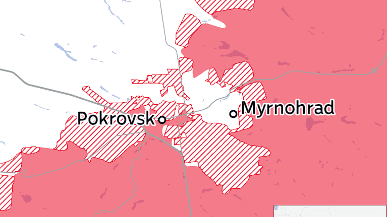 Kartta rintamalinjasta Pokrovskin ja Myrnohradin alueelta 18.11.2025.