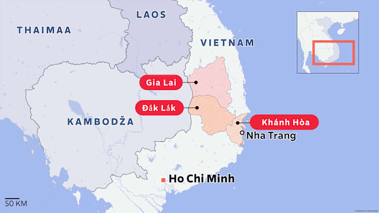 Kartassa näytetään kolme Vietnamin keskiosissa olevaa provinssia jossa tulvat ovat pahimmillaan.