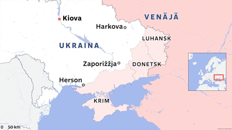 Kartta, jossa näkyvät Venäjän vaatimat alueet Ukrainassa.