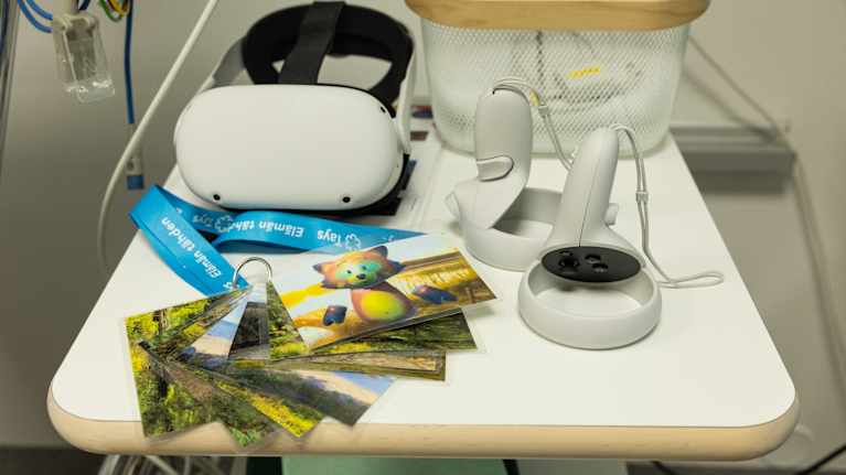 Kuvassa on virtuaalitodellisuuslaitteisto, joka sisältää VR-lasit ja ohjaimet, sekä värikkäitä muovitettuja maisemakuvia avainketjussa.