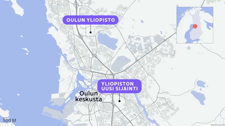 Oulun kartta, jossa on merkitty nykyinen Oulun yliopiston sijainti ja yliopiston uuden sijainnin suunniteltu paikka lähellä Oulun keskustaa.