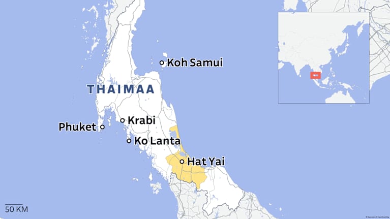 Kartalla näkyy Thaimaan eteläisiä lomakohteita kuten Phuket, Krabi, Ko Lanta ja Koh Samui sekä suurempi kaupunki Hat Yai.