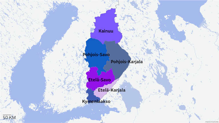 Suomen kartta jossa valittuna kuusi maakuntaa.