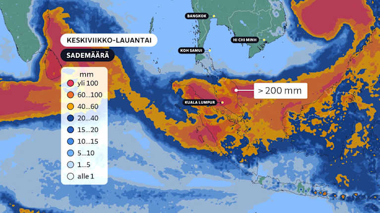 Ennuste sademääristä Taiwaniin 26.11.2025.
