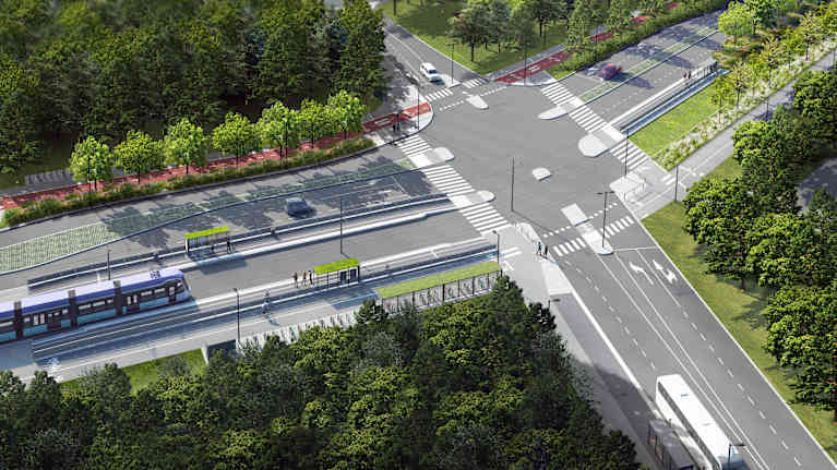 Havainnekuva Vantaan ratikasta lähestymässä Kuusikon pysäkkiä.