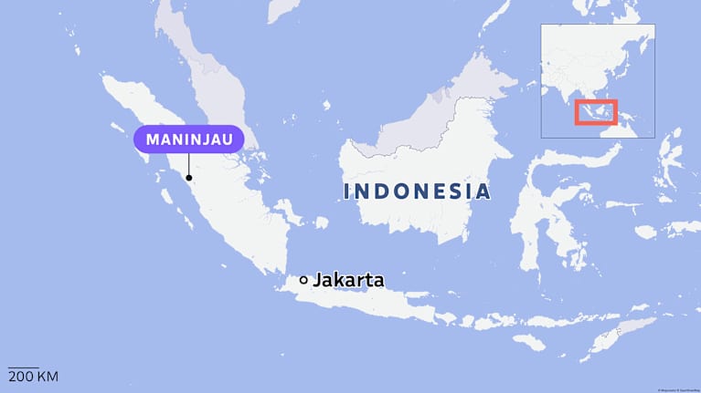 Kartta joka osoittaa Indonesiassa sijaitsevan Maninjau kylän.