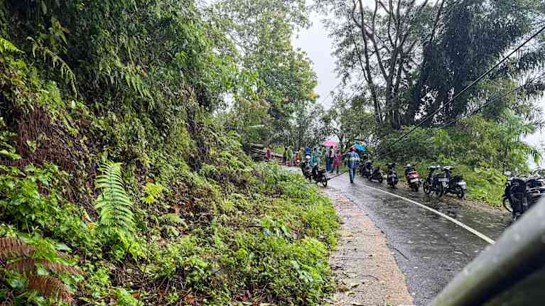 Ihmisiä ja mopedeita viidakkotiellä.