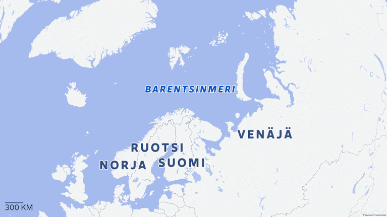Kartassa näkyvät Suomi, Ruotsi, Norja ja Venäjä sekä Barentsinmeri.