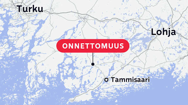 Karttakuvaan on merkattu Turku, Lohja ja Tammisaari. Onnettomuuspaikka on Tammisaaresta luoteeseen.