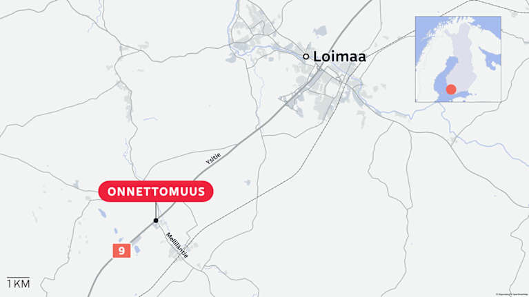 Onnettomuus tapahtui Loimaalla valtatie 9:llä. Kartta näyttää onnettomuuspaikan sijainnin suhteessa Loimaan kaupunkiin ja korostaa sitä kartalla punaisella merkinnällä.