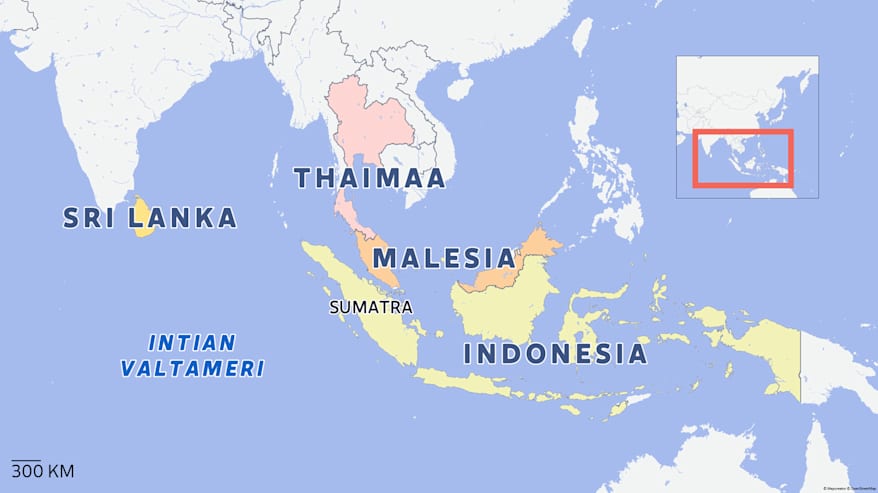 Kaakkois-Aasian kartta, jossa korostettuina Sri Lanka, Thaimaa, Malesia, Indonesia ja Sumatra. Kartalla näkyy myös osa Intian valtamerestä.