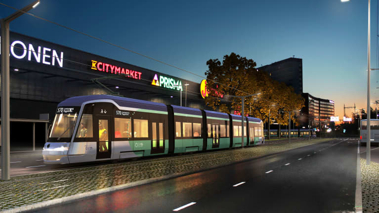 Havainnekuva raitiovaunusta Vantaan Aviapoliksessa.