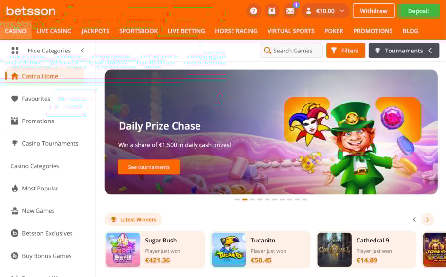 Betsson englanninkielinen casino. Pelaajan saldo 10€.