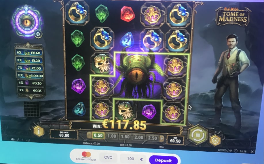 Pelaaja saanut 117,85 € voiton Wildz Casinon Tome of Madnesista. Alalaidassa Mastercard talletus mihin täytetty valmiiksi 100 €.