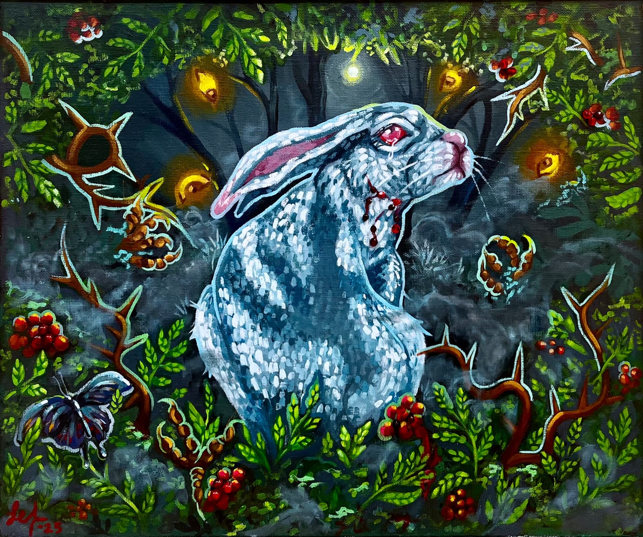 Lex Torvinen on käyttänyt Pihlajan alla -teoksessaan akryylivärin lisäksi myös punaisia helmiä. Teos on mukana Wankkurin jälkiä -näyttelyssä Pikigalleriassa.