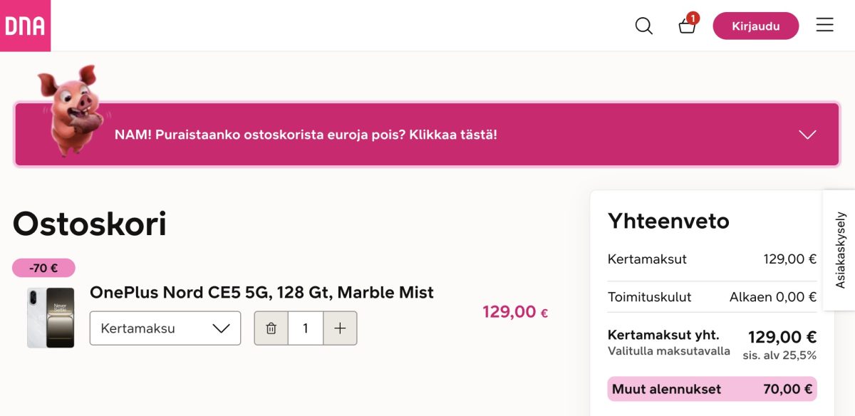 OnePlus Nord CE5:n saa ostettua vain 129 eurolla DNA:lta kahden alennuskoodin avulla.